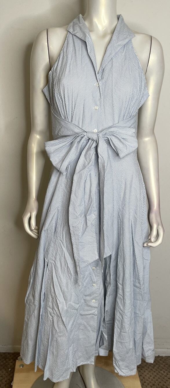 J Peterman Blue & White Seersucker Swing Dress 12 NEW Tie Front Sleeveless